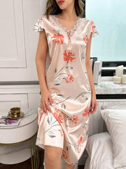 Women's V-Neck Lace Silk Full Floral Print NightgownWomens Lingerie