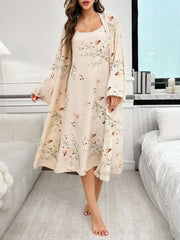 2 Pieces Women's Rose And Butterfly Nightgown Set Womens Lingerie - Nimall