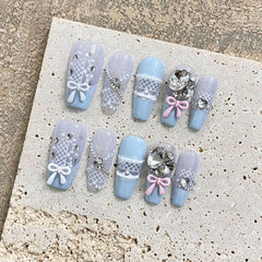 2024 new handmade wearing nail sweet water blue bow detachable finished product wearing nail handmade nail art - Nimall