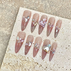 2024 Pure handmade wearing nail fake nail finished elf princess blush cat eye bead curtain love diamond long nail art - Nimall