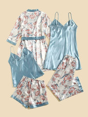 5 Piece Floral Print Satin Belted Robe Cami Top Nightdress With Pants Womens Lingerie - Nimall