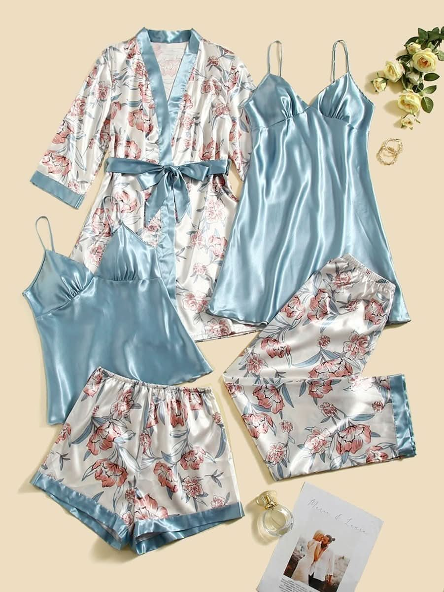 5 Piece Floral Print Satin Belted Robe Cami Top Nightdress With Pants Womens Lingerie - Nimall