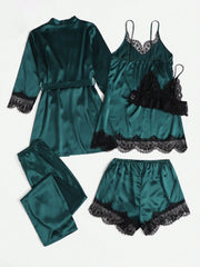 5 Piece Satin Contrast Trim Pajama Set with Tie - Up Trim Womens Lingerie - Nimall