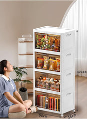 Collapsible Transparent Storage Cabinet，Transparent Plastic With Pulley Storage box large four shelf