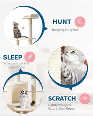 indoor cat tree with sisal covered catch posts and plush catch balls