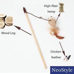 Feather Bell Pole With Hemp Rope and Mouse - Cat Supplies Stick (Flax Mouse)