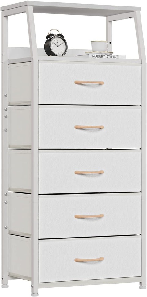 Black Chest of Drawers with 5 Drawers, Vertical Storage Tower Fabric Chest for Bedroom, Hallway, Entryway, Nursery, Closet Organizer, Nightstand Bedside Furniture, Durable Steel Frame, Wooden Top