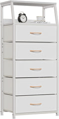Black Chest of Drawers with 5 Drawers, Vertical Storage Tower Fabric Chest for Bedroom, Hallway, Entryway, Nursery, Closet Organizer, Nightstand Bedside Furniture, Durable Steel Frame, Wooden Top