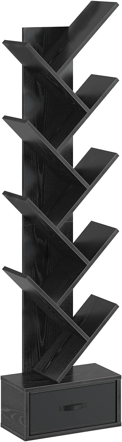 Tree Bookshelf with Drawer, 9 Shelf Rustic, Retro Wood Storage Rack for CDs/Movies/Books