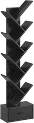 Tree Bookshelf with Drawer, 9 Shelf Rustic, Retro Wood Storage Rack for CDs/Movies/Books