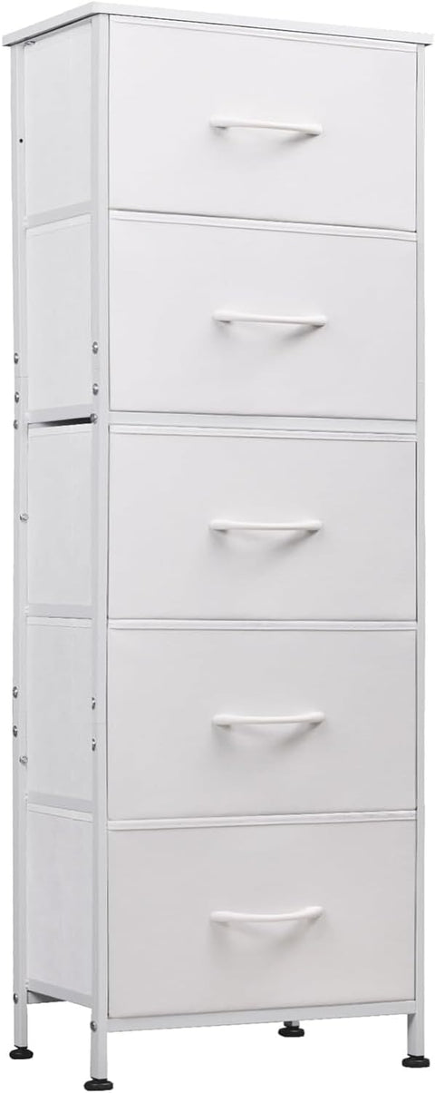 Fabric Storage Dresser, 5-Drawer Vertical Dresser for Bedroom, Storage Organizer with Fabric Bins, Wooden Top, Durable Steel Frame, Drawer Chest for Closets & Hallways