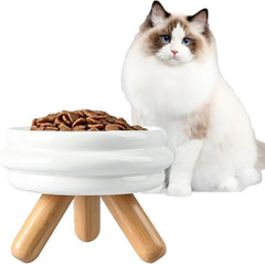 Elevated Ceramic Cat Bowl with Wooden Stand, White