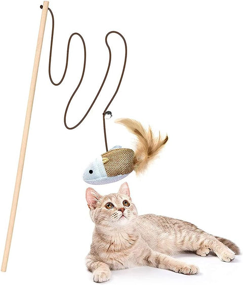 Feather Bell Pole With Hemp Rope and Mouse - Cat Supplies Stick (Flax Mouse)