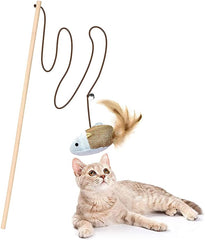 Feather Bell Pole With Hemp Rope and Mouse - Cat Supplies Stick (Flax Mouse)