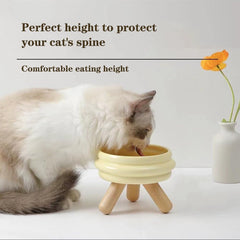 Elevated Ceramic Cat Bowl with Wooden Stand, White