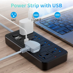 6 Way Power Strip Outlets Extender Switch Socket AC Plug And 3 USB & 1Type - C PD Charging Ports - Nimall