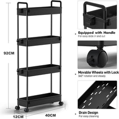 Slim Storage Cart, 4 Tier Bathroom Organizer with Mobile Shelving, Rolling Utility Cart with Slide-Out Compartments for Kitchen, Bathroom, Laundry, and Narrow Spaces