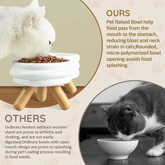 Elevated Ceramic Cat Bowl with Wooden Stand, White
