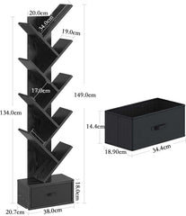 Tree Bookshelf with Drawer, 9 Shelf Rustic, Retro Wood Storage Rack for CDs/Movies/Books
