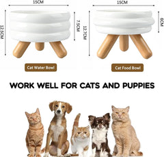 Elevated Ceramic Cat Bowl with Wooden Stand, White