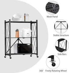 Portable Storage Shelves with Rolling Design, Heavy-Duty Metallic Structure for Maximum Capacity, Ideal for Garage, Kitchen, and Basement Use (black, 3-Tier)