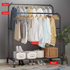 Clothes Rack with Double Rods 110cm, Metal Garment Rack Coat Rack Shoes Rack, Clothes Rail Stand, Multipurpose Clothes Hanger Organizer (Black)