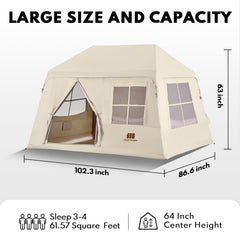 Inflatable Tents for Camping, Blow Up Tent with Hand Pump, 3-4 Person Air Glamping Tent with Canopy, Easy Setup 4 Season Waterproof Windproof Outdoor Glamping House（Brown）