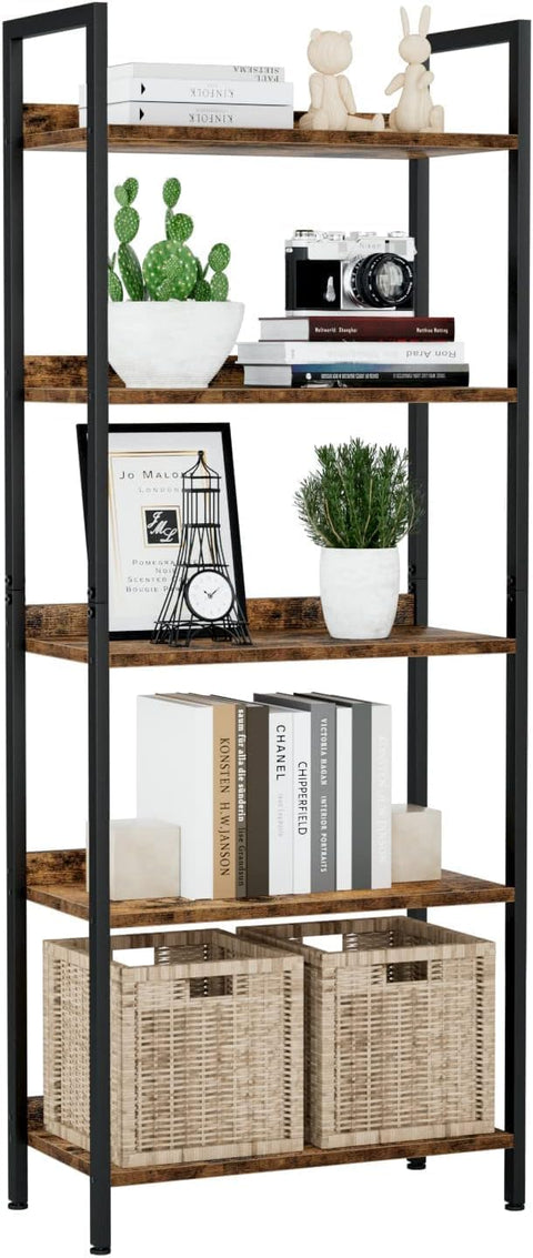 Bookshelf, 5 Tier Bookshelves, Home Office Bookcase Shelf Storage Organizer, Free Standing Storage Shelving Unit for Bedroom, Metal Frame Display Rack for Living Room (Rustic Brown)
