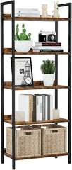 Bookshelf, 5 Tier Bookshelves, Home Office Bookcase Shelf Storage Organizer, Free Standing Storage Shelving Unit for Bedroom, Metal Frame Display Rack for Living Room (Rustic Brown)
