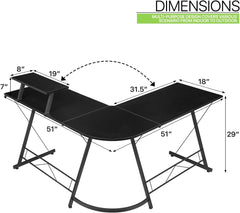 Bentifar L-Shaped Desk Computer Corner Table, 51" Home Gaming Desk,  (Black, (51"+51") L x 18.2"W x 29.5"H)