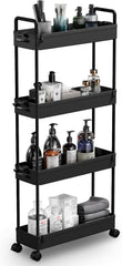 Slim Storage Cart, 4 Tier Bathroom Organizer with Mobile Shelving, Rolling Utility Cart with Slide-Out Compartments for Kitchen, Bathroom, Laundry, and Narrow Spaces