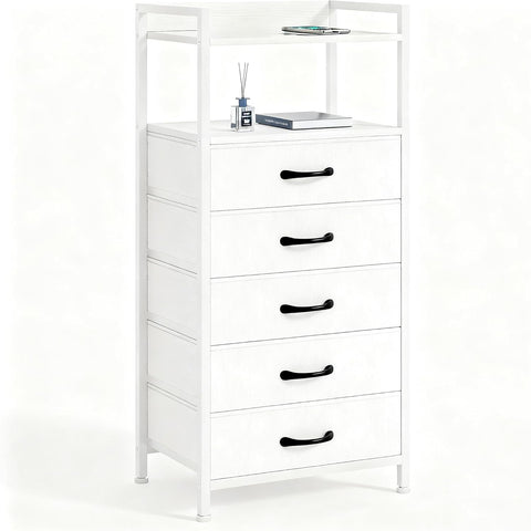 Nightstand with 5 Storage Drawers, Tall Dresser for Bedroom, Side Table Nightstand for Closet, Fabric Bins, Metal Frame, and Wood Shelf