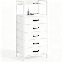 Nightstand with 5 Storage Drawers, Tall Dresser for Bedroom, Side Table Nightstand for Closet, Fabric Bins, Metal Frame, and Wood Shelf