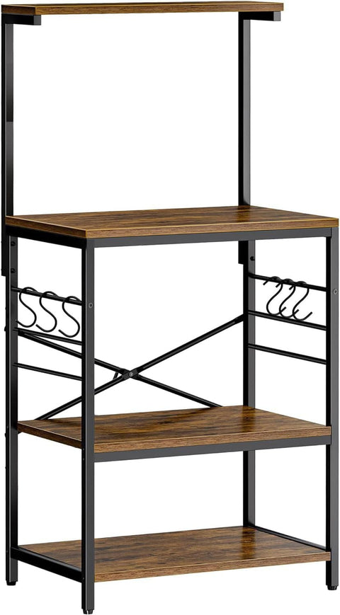 Kitchen Bakers Rack, Coffee Bar Table 4 Tiers, Microwave Stand with 6 S-shaped Hooks, Kitchen Storage Shelf Rack for Spices, Pots and Pans, no wheels