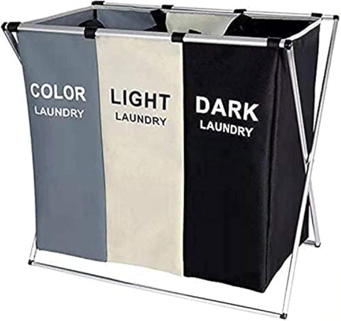 Faansy Laundry Basket Clothes Hamper 135L 3 Sections Clothe Sorter Bin,Foldable Waterproof Organizer Bag with Aluminum Frame,Washing Storage Dirty Clothes Basket for Bathroom Washroom Bedroom