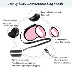 Retractable Dog Lead 5M/16FT, with Anti-Slip Handle One-Button Brake&Lock