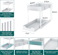 Under Sink Shelf Organizer, 2-Tier White Pull Out Cabinet Storage Shelf