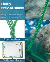 Aquarium Fish Net, Braided Metal Handle Square Net, Nylon Fish Net for Quick Catch, Plastic Handle (Green, 13 * 10.5 * 27)