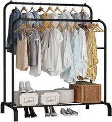 Clothes Rack with Double Rods 110cm, Metal Garment Rack Coat Rack Shoes Rack, Clothes Rail Stand, Multipurpose Clothes Hanger Organizer (Black)