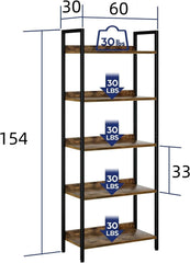Bookshelf, 5 Tier Bookshelves, Home Office Bookcase Shelf Storage Organizer, Free Standing Storage Shelving Unit for Bedroom, Metal Frame Display Rack for Living Room (Rustic Brown)