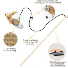 Feather Bell Pole With Hemp Rope and Mouse - Cat Supplies Stick (Flax Mouse)