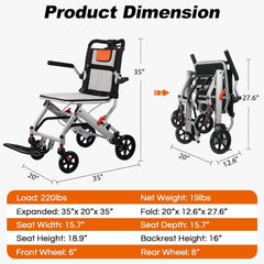 Super Lightweight (Only 19lbs) Portable Transit Travel Wheelchair