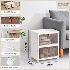 Plastic Storage Bins with Lids, Stackable Storage Containers with Wheels, Folding Storage Boxes, Stackable Cabinet Storage Containers for Home Living Room Office Closet (2-Tier)