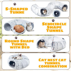 Plush Cat Tunnel Bed with Washable Cushion