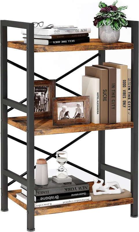 Bookshelf, 3 Tier Industrial Bookcase, Metal Small Bookcase, Rustic Book Shelf Storage Organizer for Living Room, Bedroom, and Home Office Storage Rack (3 Tier)