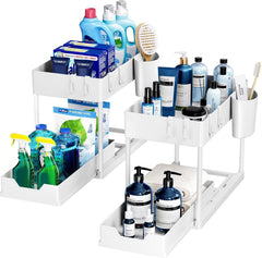 Under Sink Shelf Organizer, 2-Tier White Pull Out Cabinet Storage Shelf