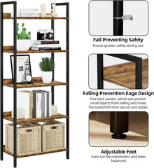 Bookshelf, 5 Tier Bookshelves, Home Office Bookcase Shelf Storage Organizer, Free Standing Storage Shelving Unit for Bedroom, Metal Frame Display Rack for Living Room (Rustic Brown)