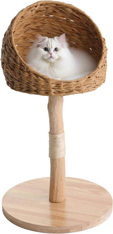 Wood Cat Tree Tower, Natural Cat Tree Tower with Woven Baskets
