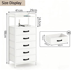 Nightstand with 5 Storage Drawers, Tall Dresser for Bedroom, Side Table Nightstand for Closet, Fabric Bins, Metal Frame, and Wood Shelf