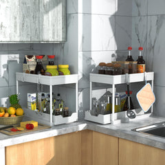 Under Sink Shelf Organizer, 2-Tier White Pull Out Cabinet Storage Shelf